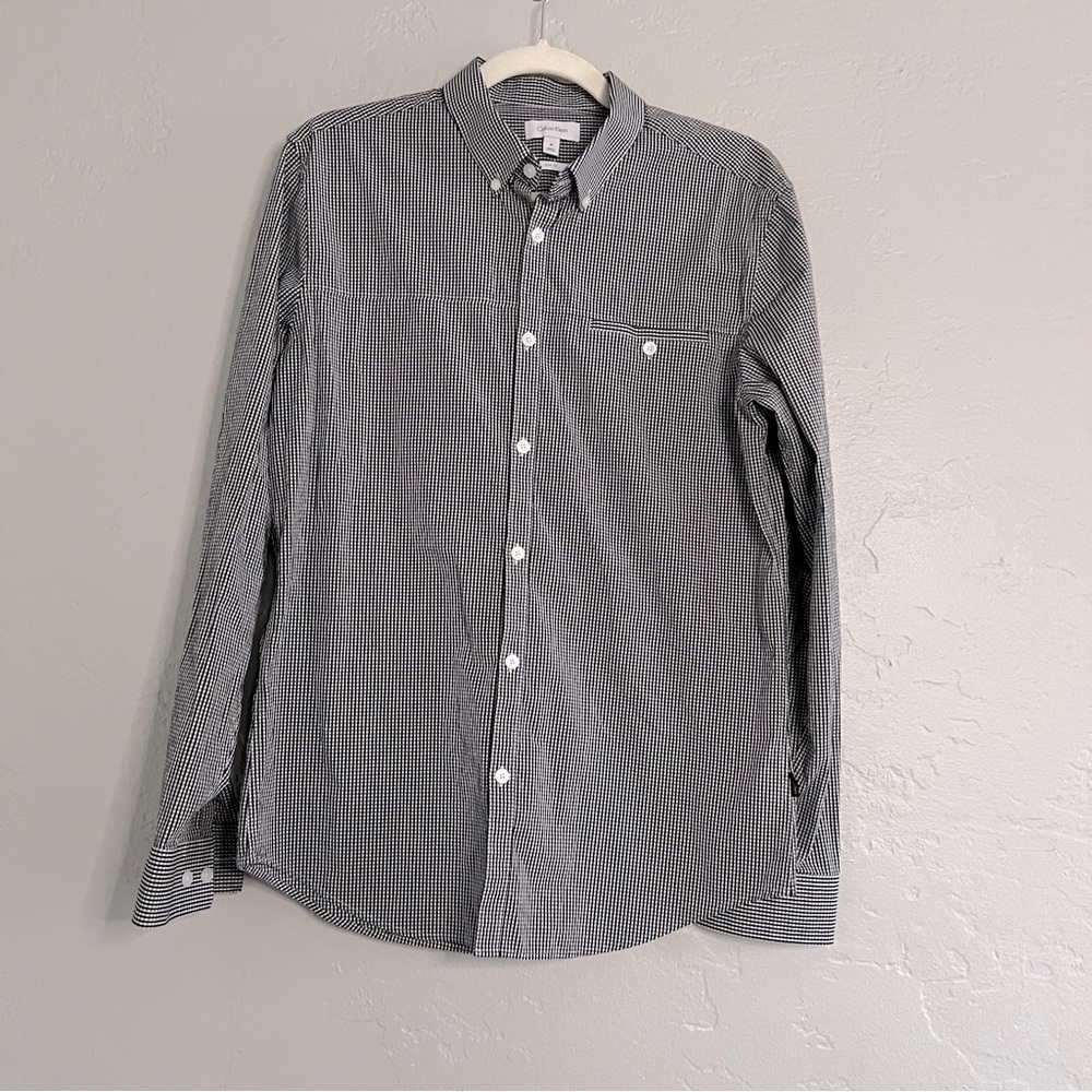 Calvin Klein Slim Fit Black/White Checkered Button Up Dress Shirt Size Medium